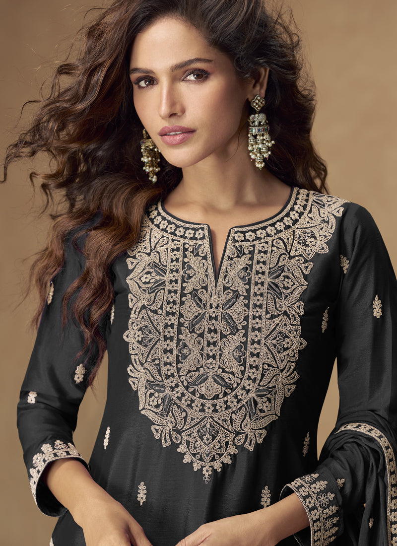 Vegaa Fashion Black Chinon Silk Embroidered Palazzo Suit | Grocsy