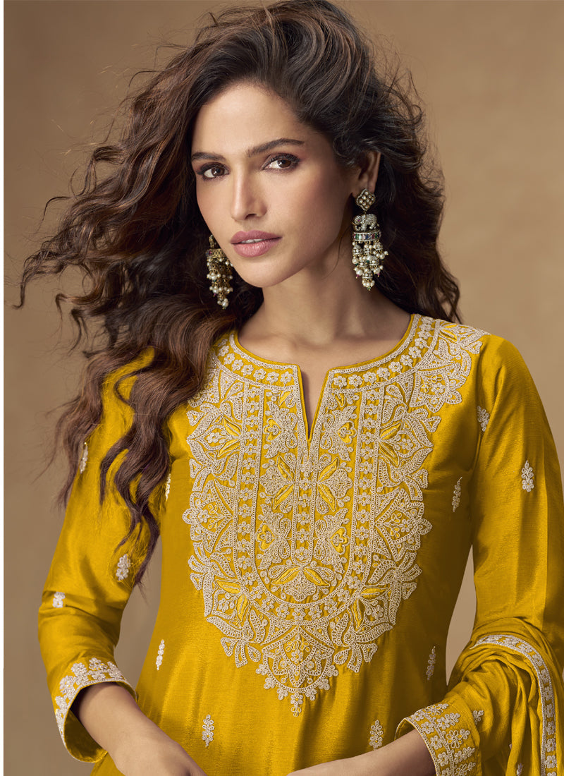 Vegaa Fashion Yellow Chinon Silk Embroidered Palazzo Suit | Grocsy