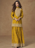 Vegaa Fashion Yellow Chinon Silk Embroidered Palazzo Suit | Grocsy