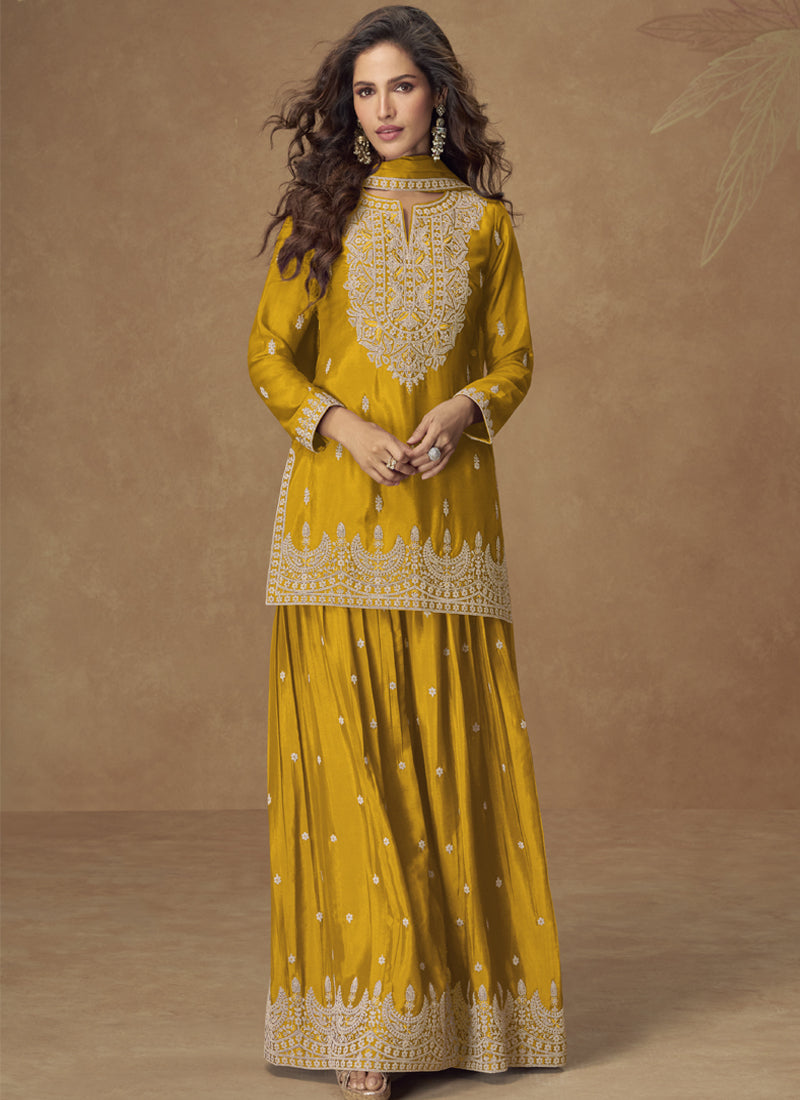 Vegaa Fashion Yellow Chinon Silk Embroidered Palazzo Suit | Grocsy