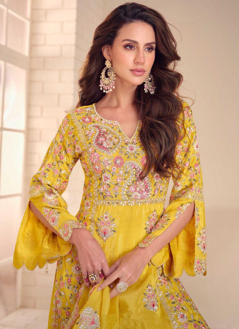 Vegaa Fashion Yellow Shimmer Silk Embroidered Designer Palazzo Suit | Grocsy