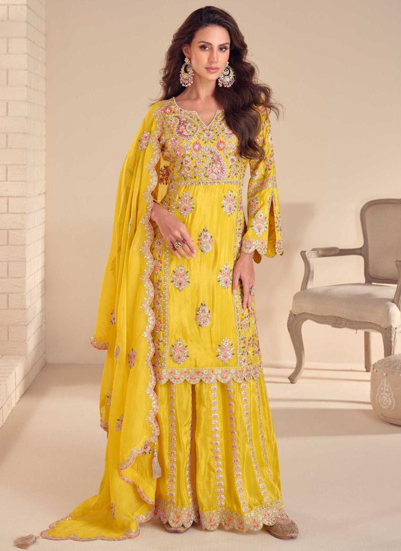 Vegaa Fashion Yellow Shimmer Silk Embroidered Designer Palazzo Suit | Grocsy