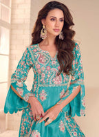 Vegaa Fashion Sky Blue Shimmer Silk Embroidered Designer Palazzo Suit | Grocsy