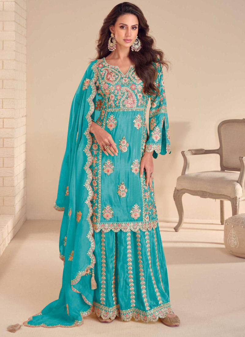 Vegaa Fashion Sky Blue Shimmer Silk Embroidered Designer Palazzo Suit | Grocsy