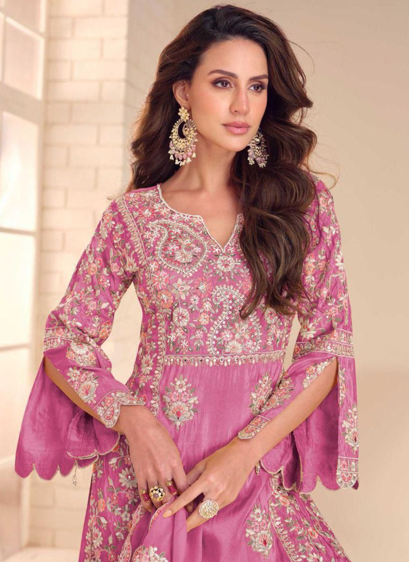 Vegaa Fashion Onion Pink Shimmer Silk Embroidered Designer Palazzo Suit | Grocsy