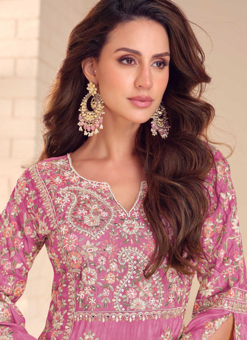 Vegaa Fashion Onion Pink Shimmer Silk Embroidered Designer Palazzo Suit | Grocsy