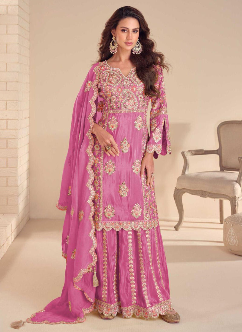 Vegaa Fashion Onion Pink Shimmer Silk Embroidered Designer Palazzo Suit | Grocsy