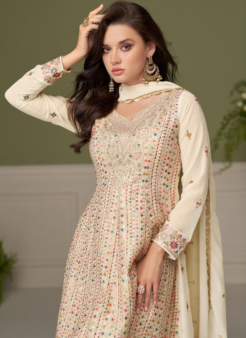 Vegaa Fashion cream embroidery Real Georgette Salwar Suit | Grocsy