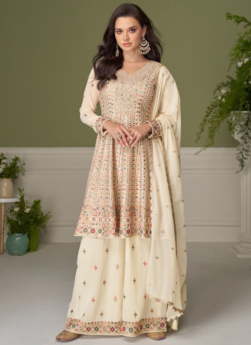 Vegaa Fashion cream embroidery Real Georgette Salwar Suit | Grocsy