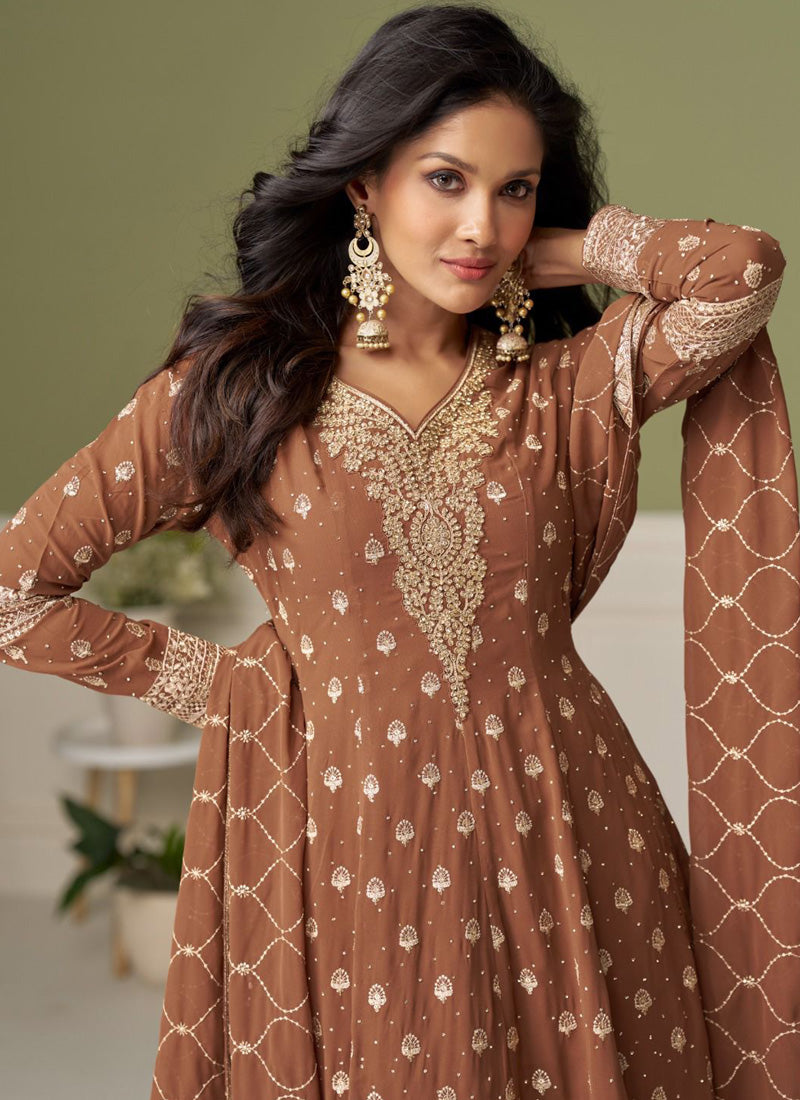 Vegaa Fashion Brown embroidery Real Georgette Salwar Suit | Grocsy