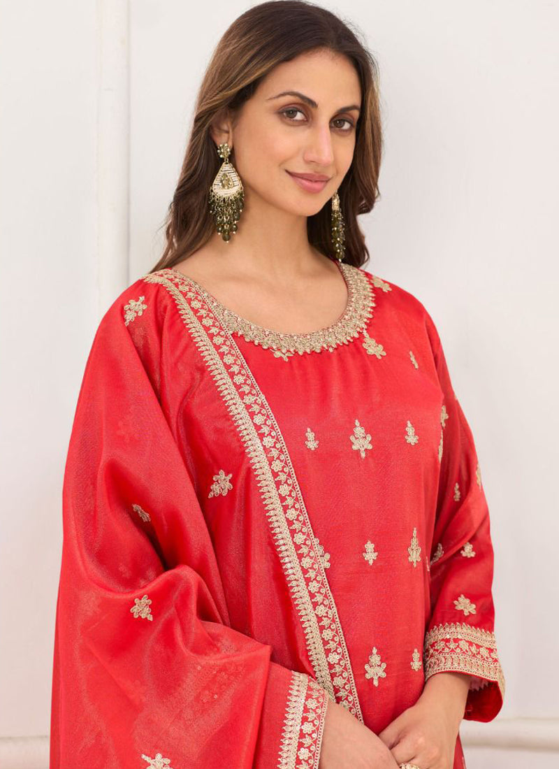 Vegaa Fashion Red Embroidery Real Simar Silk Salwar Suit | Grocsy