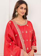 Vegaa Fashion Red Embroidery Real Simar Silk Salwar Suit | Grocsy