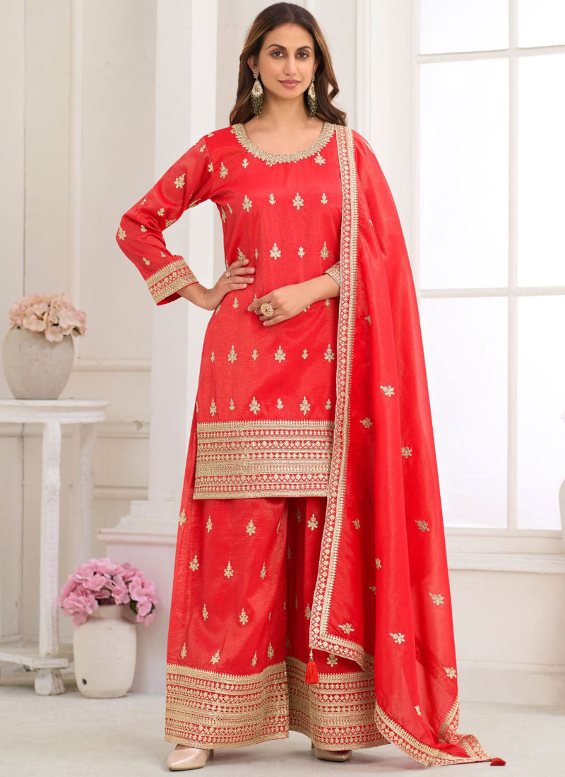 Vegaa Fashion Red Embroidery Real Simar Silk Salwar Suit | Grocsy