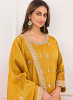 Vegaa Fashion Dark-Yellow Embroidery Real Simar Silk Salwar Suit | Grocsy