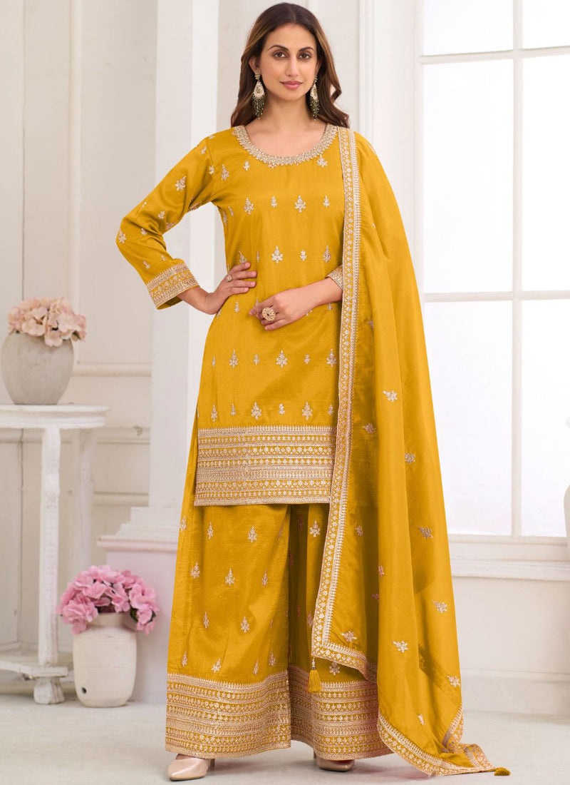 Vegaa Fashion Dark-Yellow Embroidery Real Simar Silk Salwar Suit | Grocsy