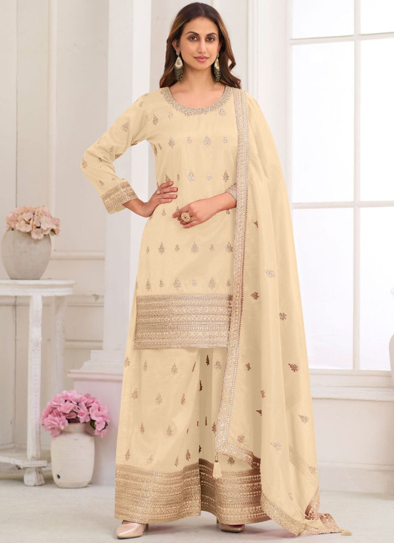 Vegaa Fashion Cream Embroidery Real Simar Silk Salwar Suit | Grocsy