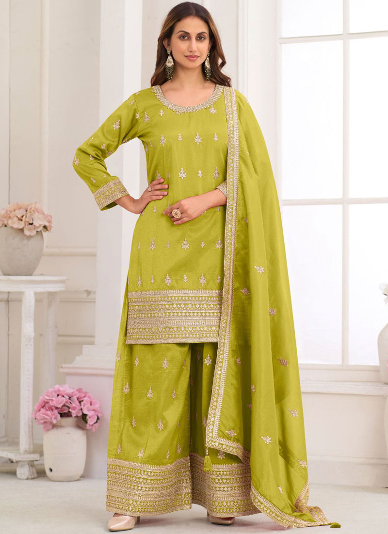 Vegaa Fashion light-green Embroidery Real Simar Silk Salwar Suit | Grocsy