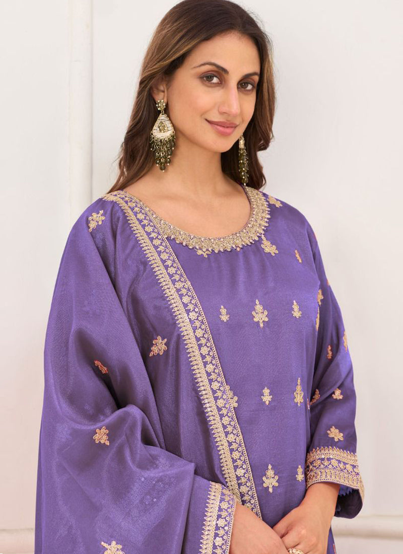 Vegaa Fashion Purple Embroidery Real Simar Silk Salwar Suit | Grocsy