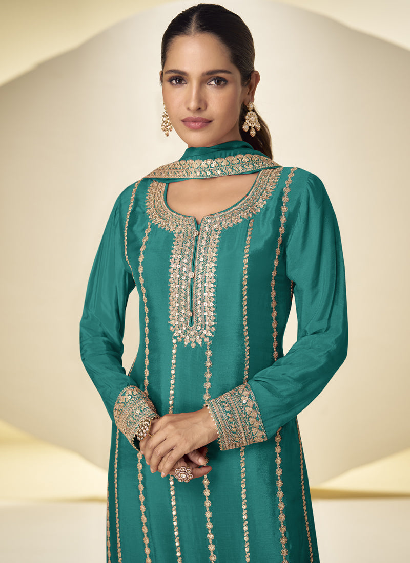 Vegaa Fashion Turquoise Embroidered Chinon silk Plazzo Suit | Grocsy