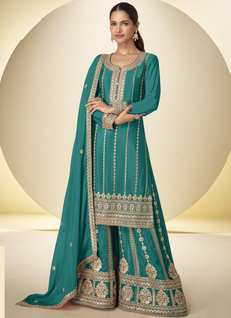 Vegaa Fashion Turquoise Embroidered Chinon silk Plazzo Suit | Grocsy