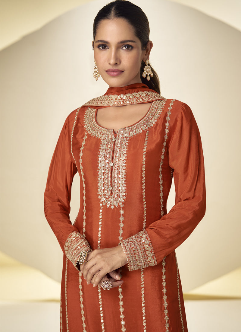 Vegaa Fashion Orange Embroidered Chinon silk Salwar Suit | Grocsy