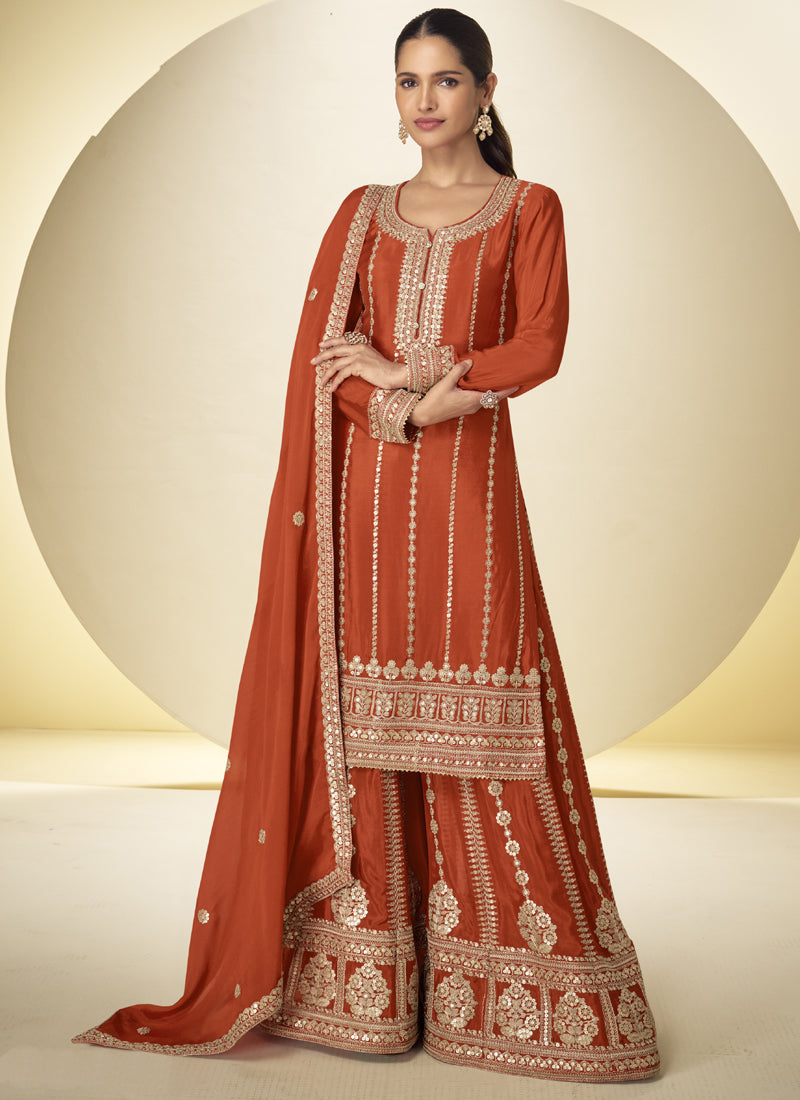 Vegaa Fashion Orange Embroidered Chinon silk Salwar Suit | Grocsy