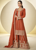Vegaa Fashion Orange Embroidered Chinon silk Salwar Suit | Grocsy