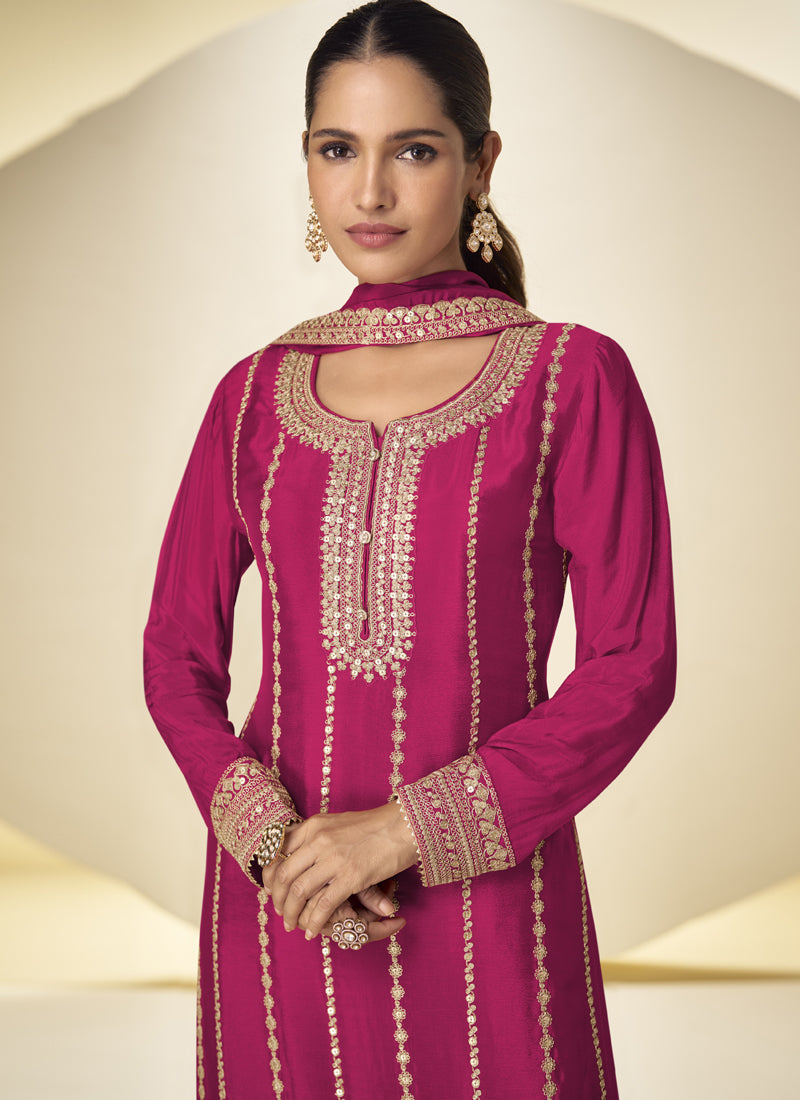 Vegaa Fashion Pink Embroidered Chinon silk Salwar Suit | Grocsy