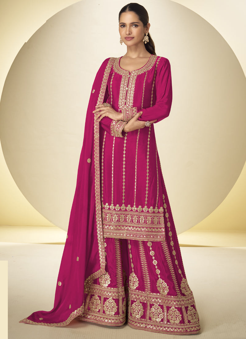 Vegaa Fashion Pink Embroidered Chinon silk Salwar Suit | Grocsy