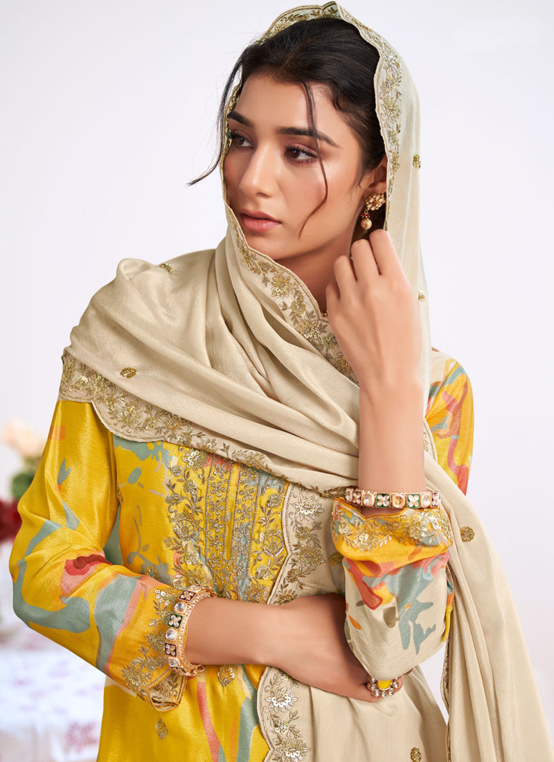 Vegaa Fashion yellow Embroidery Chinon Silk Salwar suit | Grocsy
