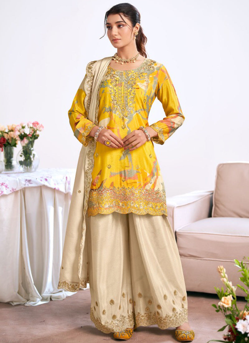 Vegaa Fashion yellow Embroidery Chinon Silk Salwar suit | Grocsy
