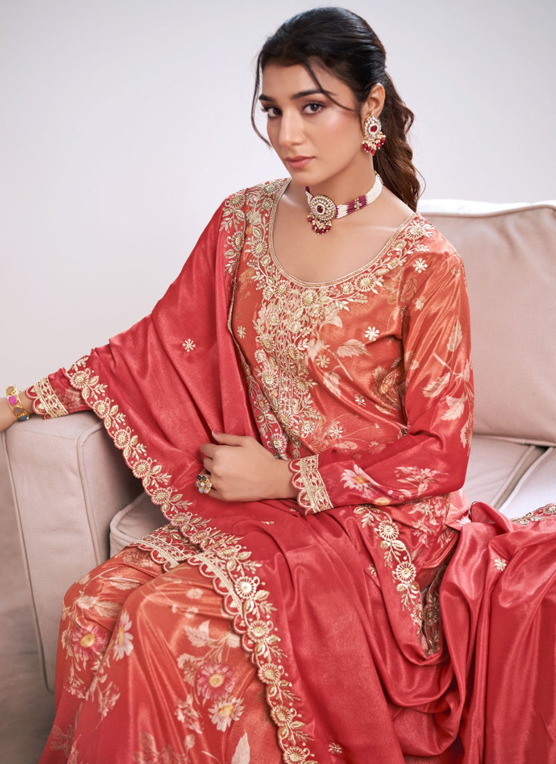 Vegaa Fashion Red Embroidery Chinon Silk Salwar suit | Grocsy