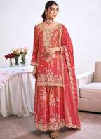 Vegaa Fashion Red Embroidery Chinon Silk Salwar suit | Grocsy