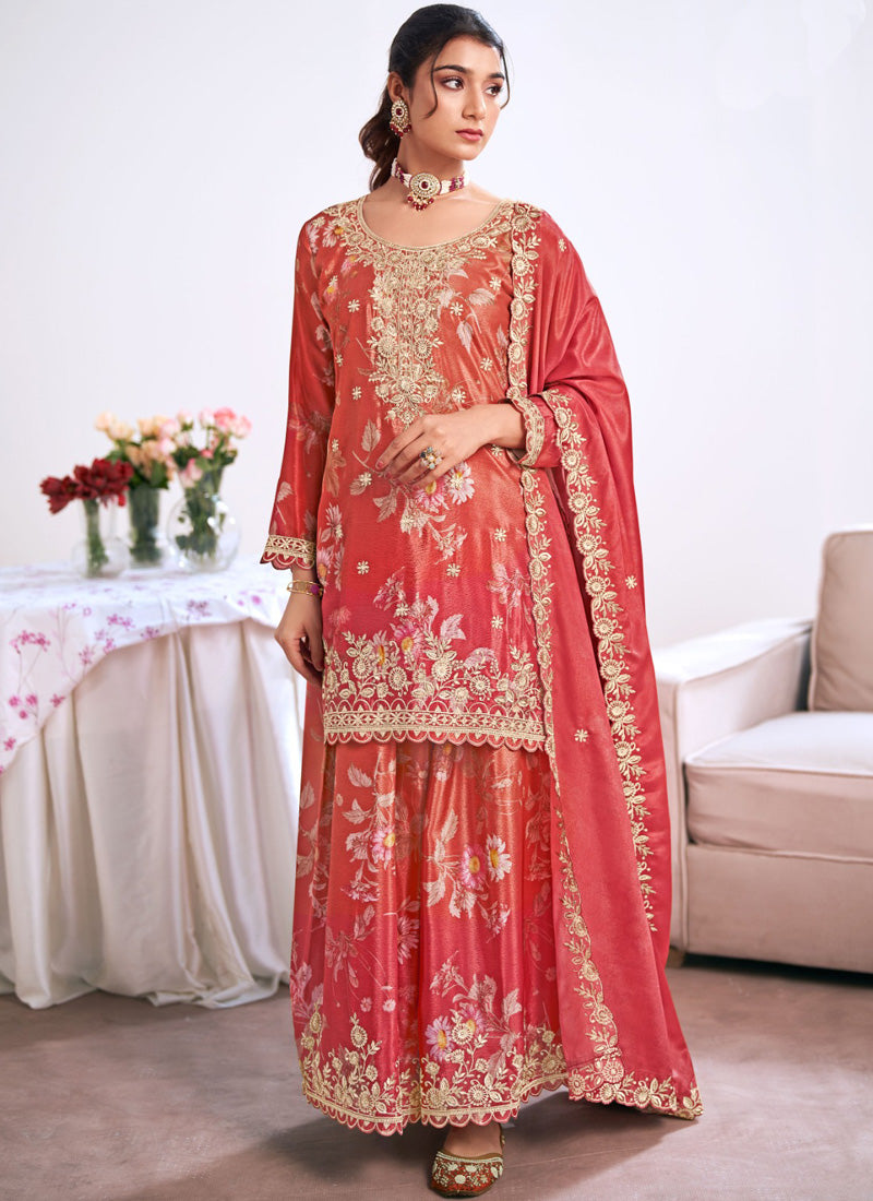 Vegaa Fashion Red Embroidery Chinon Silk Salwar suit | Grocsy