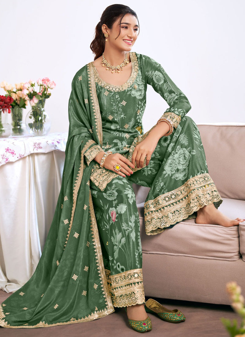 Vegaa Fashion Dark-green Embroidery Chinon Silk Salwar suit | Grocsy