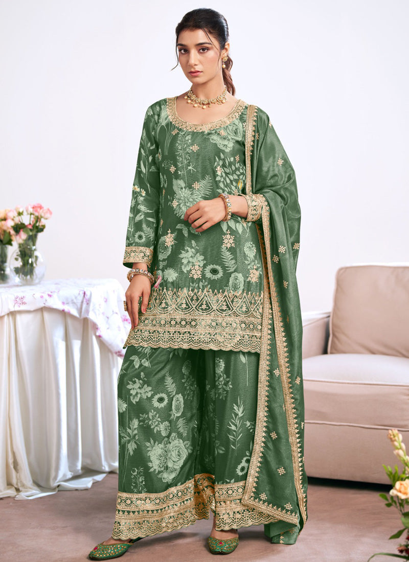 Vegaa Fashion Dark-green Embroidery Chinon Silk Salwar suit | Grocsy