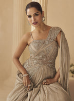 Vegaa Fashion Beige Chinon Silk Embroidered Trendy Wedding Look Stylish Gown | Grocsy