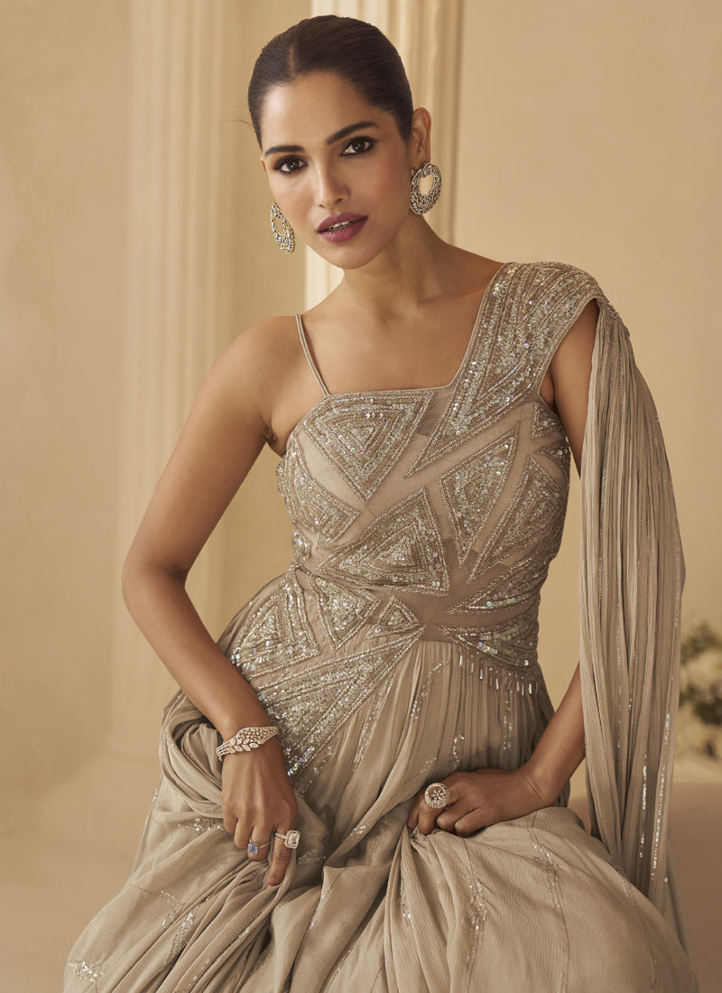 Vegaa Fashion Beige Chinon Silk Embroidered Trendy Wedding Look Stylish Gown | Grocsy