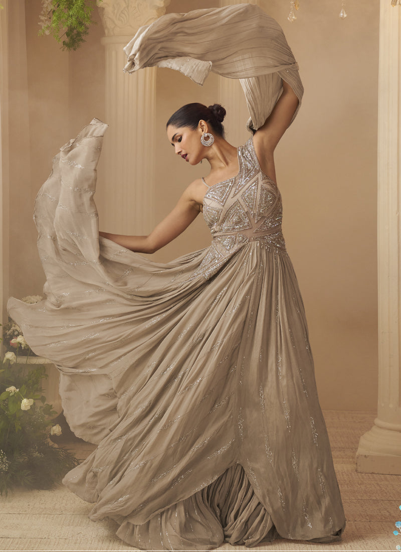 Vegaa Fashion Beige Chinon Silk Embroidered Trendy Wedding Look Stylish Gown | Grocsy