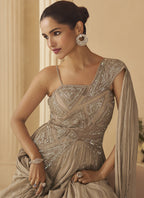 Vegaa Fashion Beige Chinon Silk Embroidered Trendy Wedding Look Stylish Gown | Grocsy
