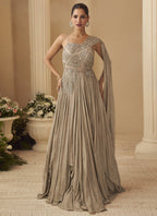 Vegaa Fashion Beige Chinon Silk Embroidered Trendy Wedding Look Stylish Gown | Grocsy