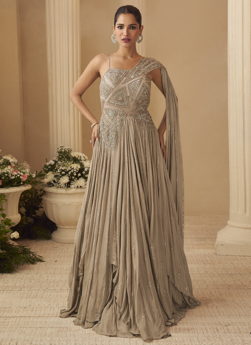 Vegaa Fashion Beige Chinon Silk Embroidered Trendy Wedding Look Stylish Gown | Grocsy