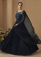 Vegaa Fashion Deep Navy Blue Chinon Silk Embroidered Trendy Wedding Look Stylish Gown | Grocsy
