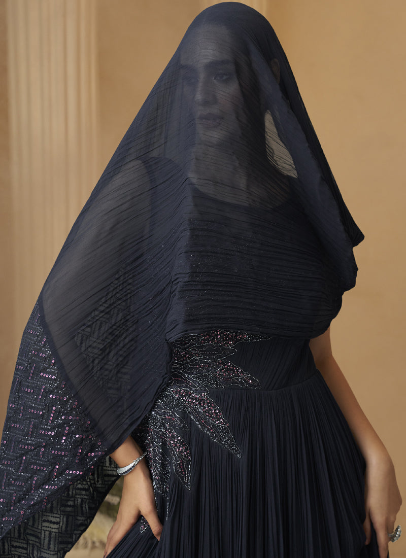 Vegaa Fashion Deep Navy Blue Chinon Silk Embroidered Trendy Wedding Look Stylish Gown | Grocsy