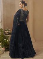 Vegaa Fashion Deep Navy Blue Chinon Silk Embroidered Trendy Wedding Look Stylish Gown | Grocsy