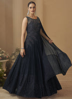 Vegaa Fashion Deep Navy Blue Chinon Silk Embroidered Trendy Wedding Look Stylish Gown | Grocsy