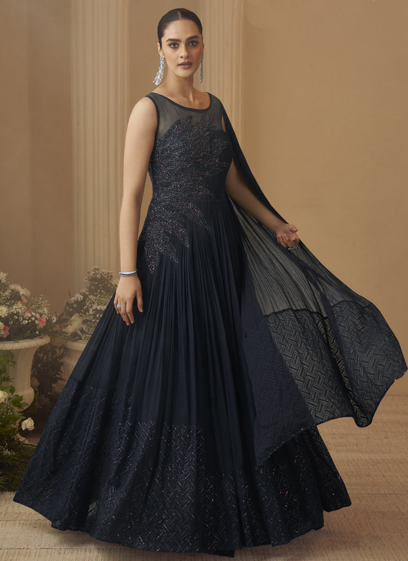Vegaa Fashion Deep Navy Blue Chinon Silk Embroidered Trendy Wedding Look Stylish Gown | Grocsy
