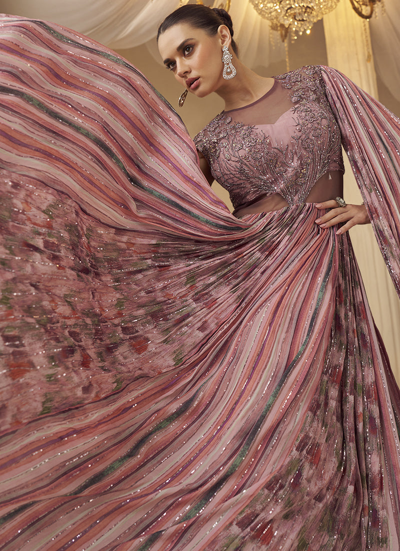 Vegaa Fashion Onion Pink Chinon Silk Embroidered Trendy Wedding Look Stylish Gown | Grocsy
