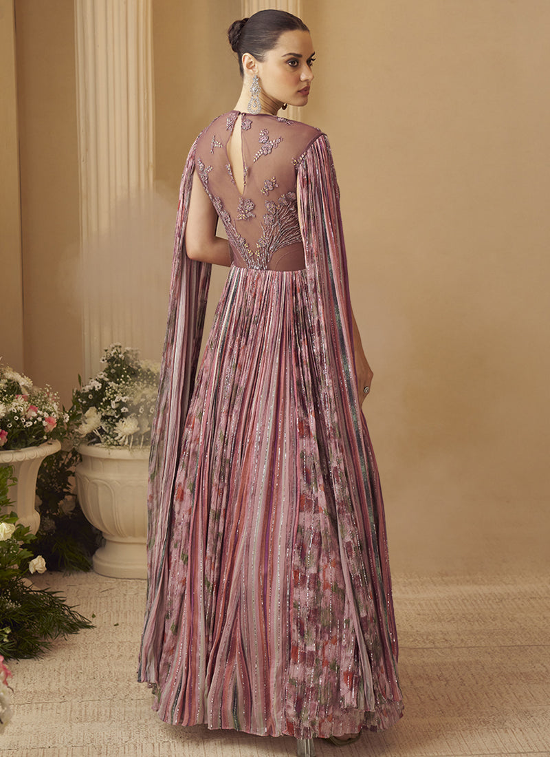 Vegaa Fashion Onion Pink Chinon Silk Embroidered Trendy Wedding Look Stylish Gown | Grocsy