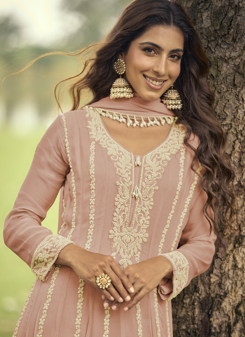 Vegaa Fashion Peach Embroiderd Premium Georgette Anarkali Suit | Grocsy